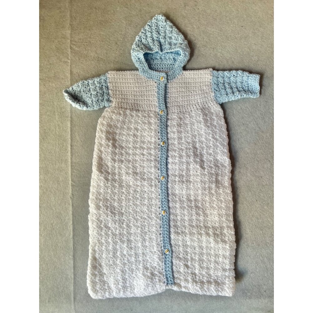 Hand Crocheted Bunting Blue & White Duck Buttons Hooded 23”  New Unused